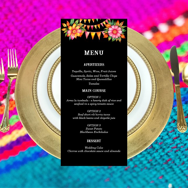 Färgfull Blommigt Fiesta Mexican Bröllop Menu Meny (Skapare uppladdad)