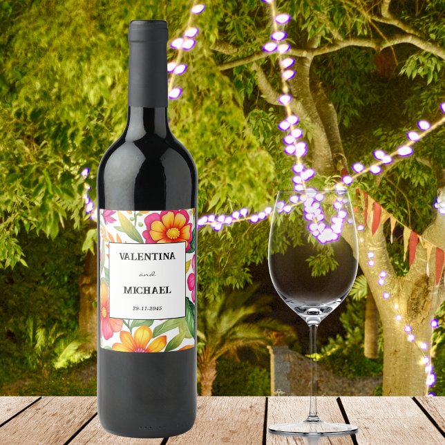 Färgfull Blommigt Fiesta Mexikanska Bröllop Vinflaska Etikett (Skapare uppladdad)