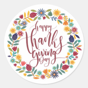 Färgfull Blommigt Happy thanksgiving Teckningsfö Runt Klistermärke