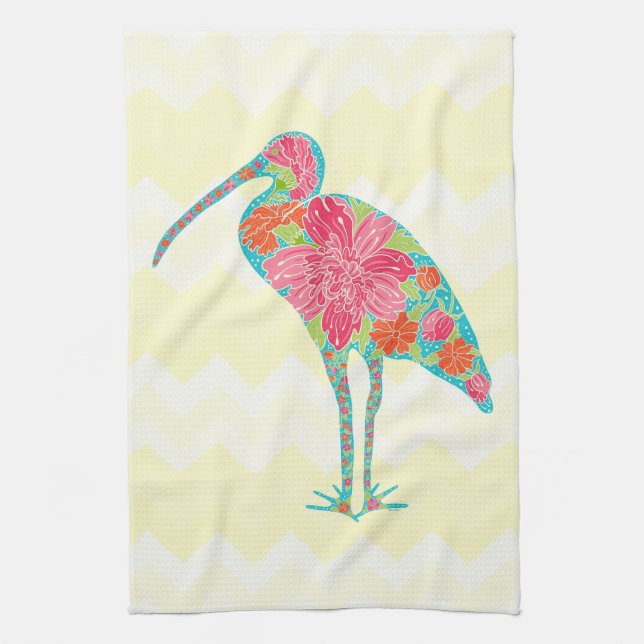 Färgfull Blommigt Ibis Bird Chevron Illustration Kökshandduk (Vertikal)