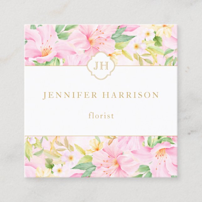 Färgfull Blommigt Monogram vattenfärg Botanisk Ros Fyrkantigt Visitkort (Framsida)