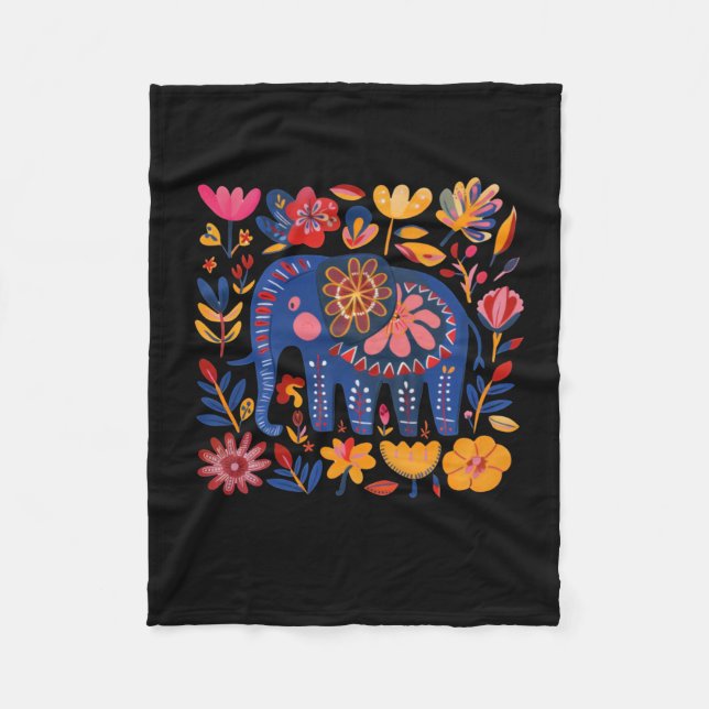 Färgfull Blommigt mönstrad elefantillustration Fleecefilt (Framsidan)