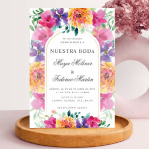 Färgfull Blommigt Nuestra Boda Bröllop Spanien Inbjudningar