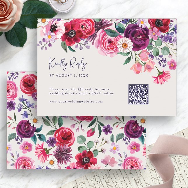 Färgfull Blommigt OSA Kort (Elegant Colorful Watercolor Floral RSVP Card with QR Code by Painted Paperie
)