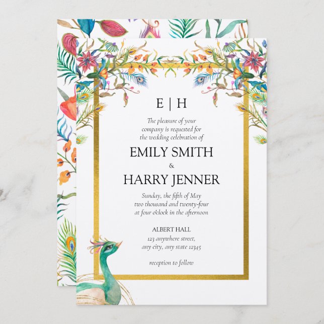 Färgfull Blommigt Peacock Guld Garden Wedding Inbjudningar (Fram/baksida)