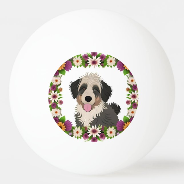 Färgfull Blommigt Ram med Cute Hund Illustration Pingisboll (Framsidan)