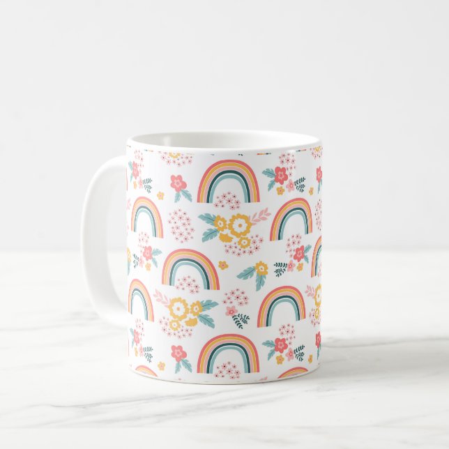 Färgfull Blommigt Regbow Mönster Kaffemugg (Framsida vänster)