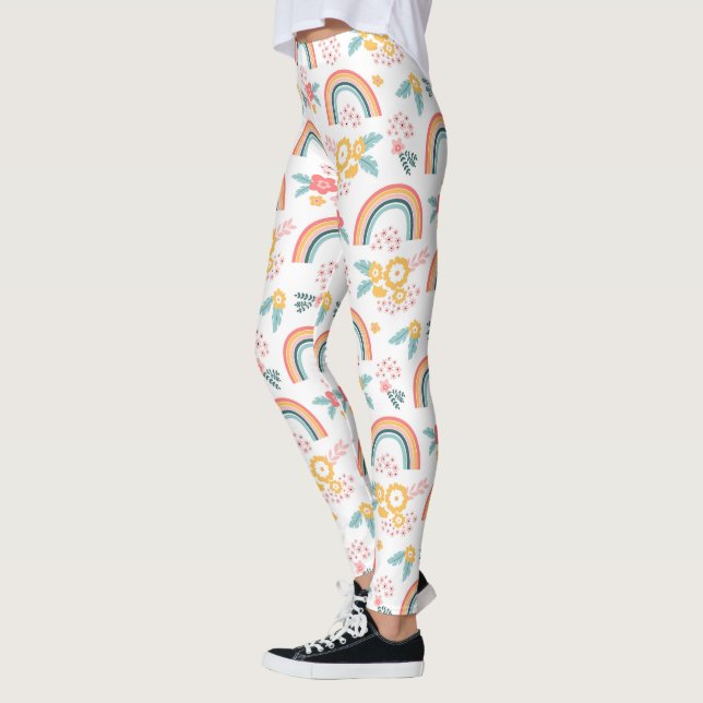 Färgfull Blommigt Regbow Mönster Leggings (Vänster)