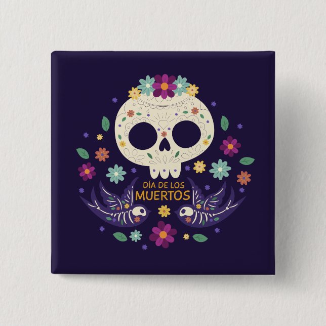 Färgfull Blommigt Skull Dia de Muertos | Knapp (Framsida)