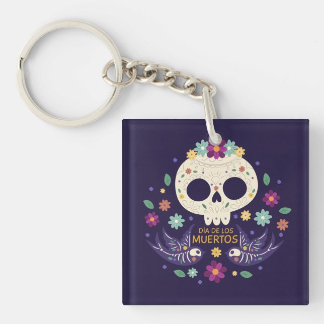 Färgfull Blommigt Skull Dia de Muertos | Nyckelked (Framsidan)