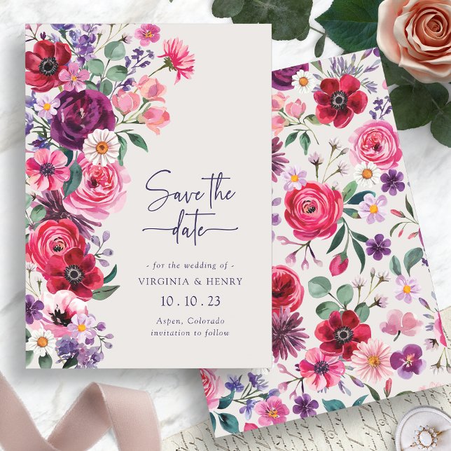 Färgfull Blommigt Spara Datumet (Colorful Watercolor Floral Save The Date Card by Painted Paperie
)
