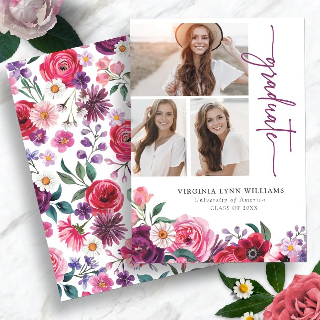 Färgfull Blommigt Studenten Meddelande (Colorful Watercolor Floral Graduation Announcement with Photo Collage by Painted Paperie)