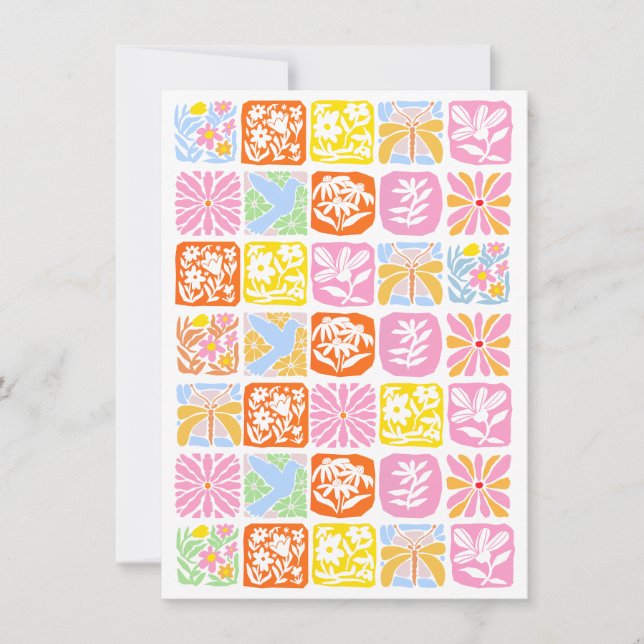 Färgfull Blommigt Tile Botanical Folk Whimsical Inbjudningar (Framsida)