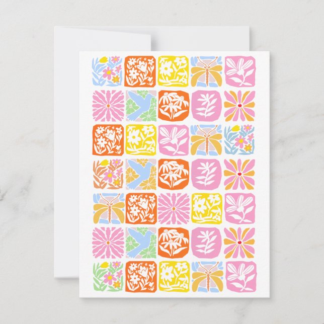 Färgfull Blommigt Tile Botanical Folk Whimsical OSA Kort (Framsida)