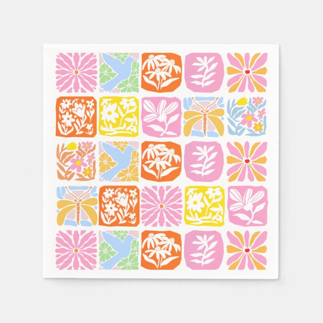 Färgfull Blommigt Tile Botanical Folk Whimsical Pappersservett (Framsidan)