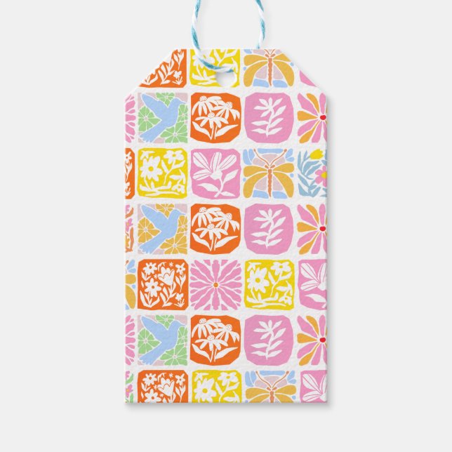 Färgfull Blommigt Tile Botanical Folk Whimsical Presentetikett (Framsidan)