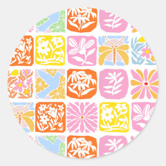 Färgfull Blommigt Tile Botanical Folk Whimsical Runt Klistermärke