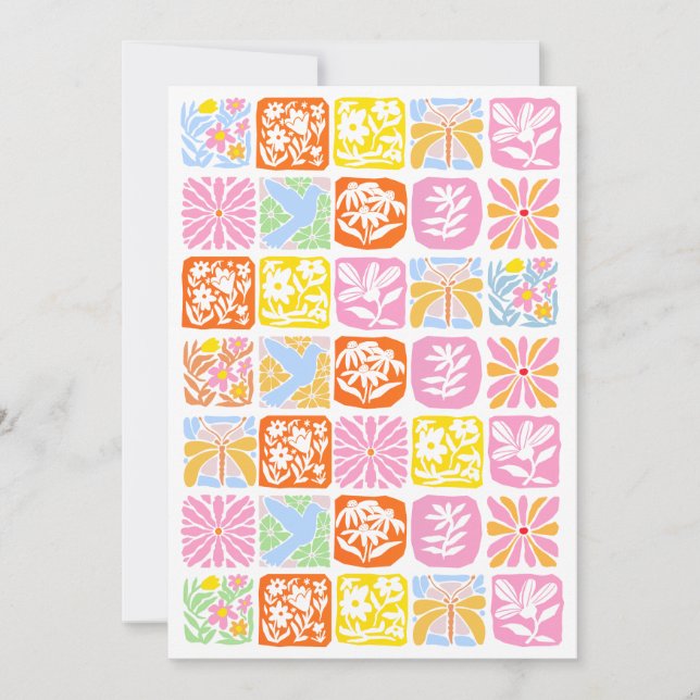 Färgfull Blommigt Tile Botanical Folk Whimsical Spara Datumet (Framsida)