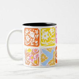 Färgfull Blommigt Tile Botanical Folk Whimsical Två-Tonad Mugg