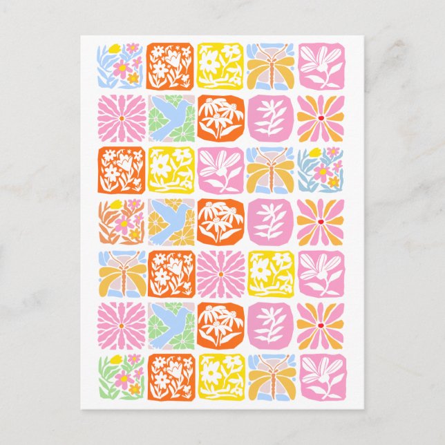 Färgfull Blommigt Tile Botanical Folk Whimsical Vykort (Framsida)