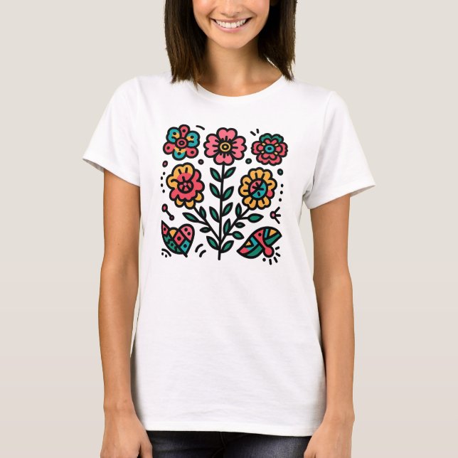 Färgfull Blommigt Vitaktiga Abstrakter Blommor T Shirt (Framsida)