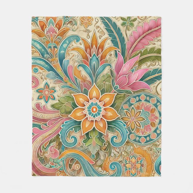 Färgfull Boho Batik Blommigt Botaniskt vattenfärg Fleecefilt (Framsidan)