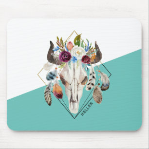 Färgfull boho blommor geometrisk bull skalle musmatta