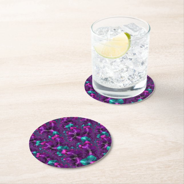 Färgfull Boho Hippie Jewel Tone Low Poly Fractal Underlägg Papper Rund (Insitu)
