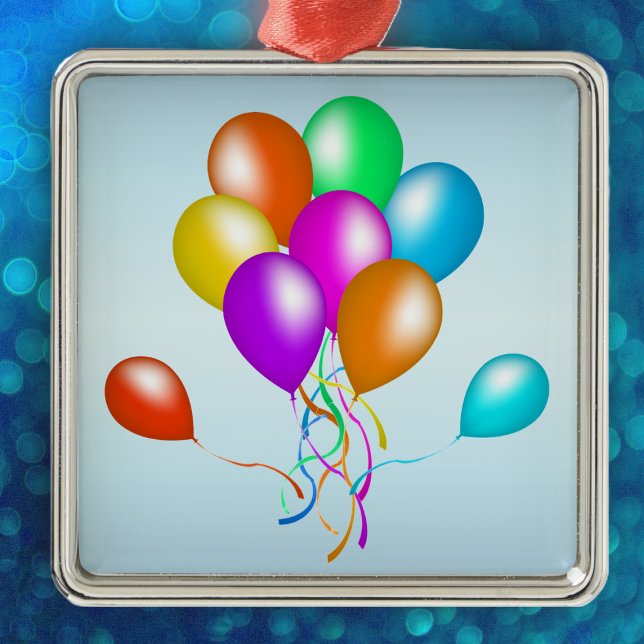 Färgfull Bright Bunch av ballonger Julgransprydnad Metall (Bunch colourful festive party balloons various colours on light blue hanging ornament.)