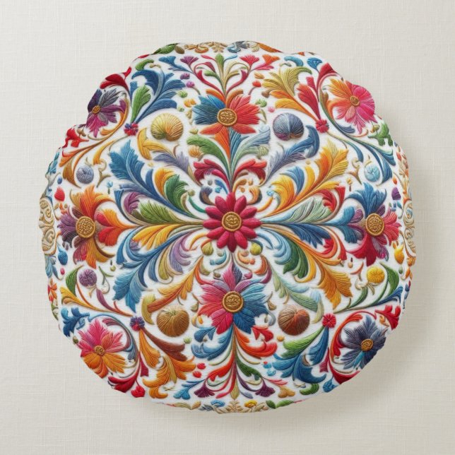 Färgfull broderier Tittar Blommigt Design Rund Kudde (Framsidan)