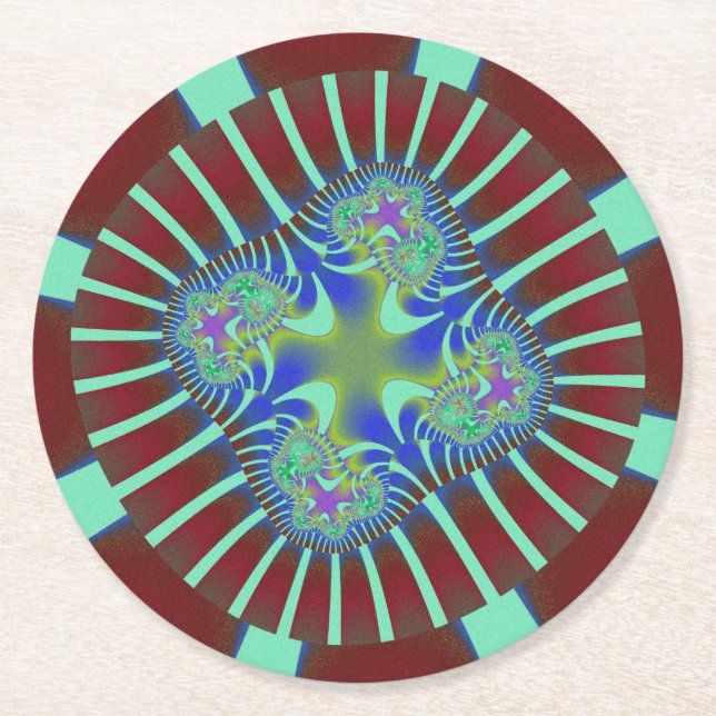Färgfull Burgundy- och Mint-Grönt Fractal Underlägg Papper Rund (Framsidan)