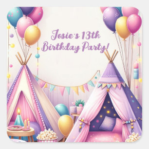 Färgfull charming Teepee Birthday Sleepover Party Fyrkantigt Klistermärke