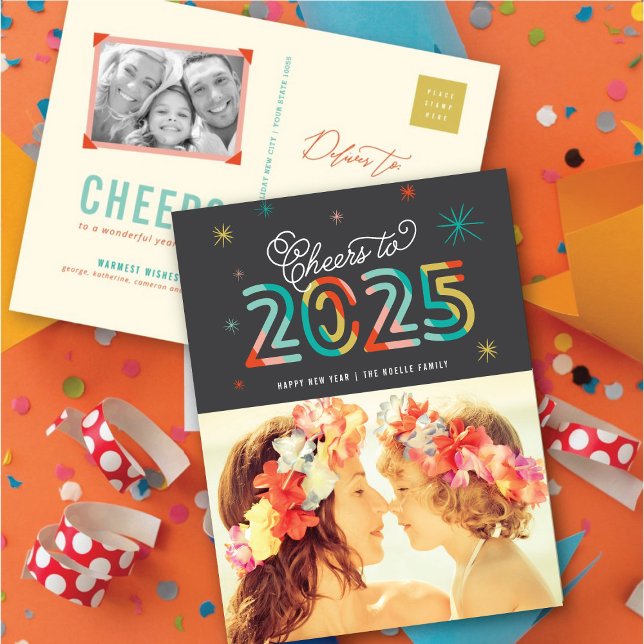 Färgfull Cheers till 2025 Stars Gott nytt år Photo Helg Vykort (Colorful Cheers to 2025 Stars Happy New Year Photo Holiday Postcard @ fat_fa_tin)