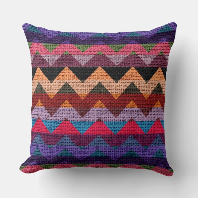 Färgfull Chevron Mönster Burlap Rustic Jute #5 Kudde (Framsida)