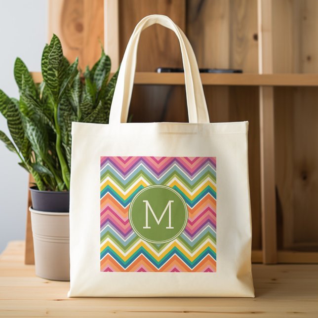 Färgfull Chevron Mönster med Monogram Tygkasse (Personalized tote bag with chevrons and monogram)