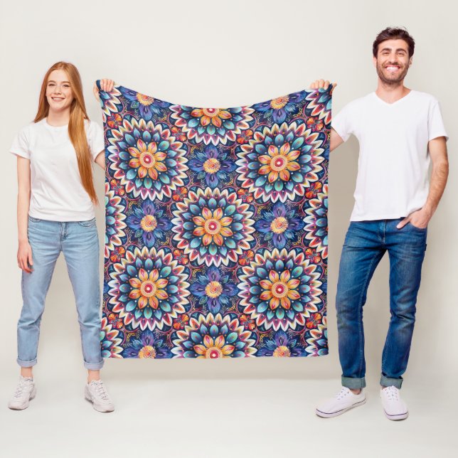 Färgfull Chic Boho Mandala Tile Mönster Fleecefilt (På plats)