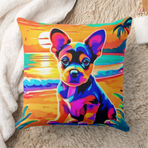 Färgfull Chihuahua Puppy på Sunset Beach Kudde