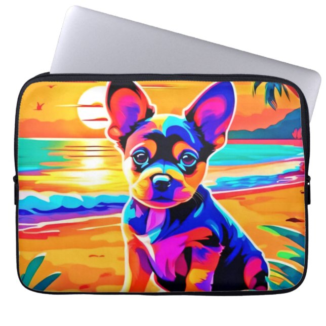 Färgfull Chihuahua Puppy på Sunset Beach Laptop Fodral (Framsidan)