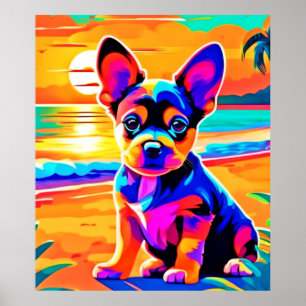 Färgfull Chihuahua Puppy på Sunset Beach Poster