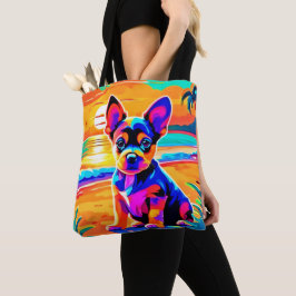 Färgfull Chihuahua Puppy på Sunset Beach Tygkasse