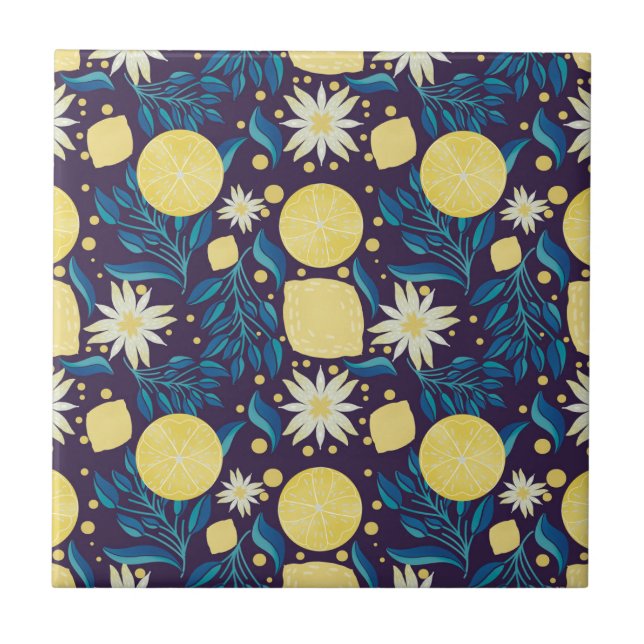 Färgfull citron Lila Botanical Mönster Kakelplatta (Framsidan)