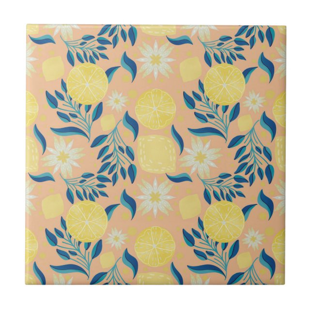 Färgfull citron Pastel Botanical Mönster Kakelplatta (Framsidan)