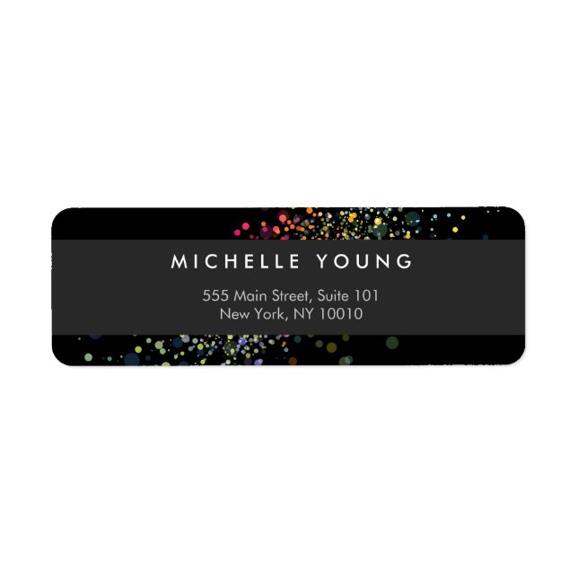 Färgfull Confetti Bokeh på Black Modern Returadress Etikett (Framsidan)