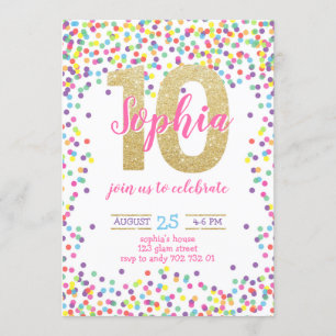 Färgfull Confetti Guld Number Girl 10:e födelsedag Inbjudningar