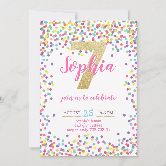 Färgfull Confetti Guld Number Girl 7:e Birthday Inbjudningar (Framsida)