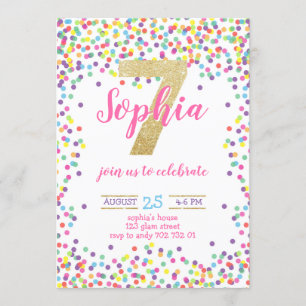 Färgfull Confetti Guld Number Girl 7:e Birthday Inbjudningar