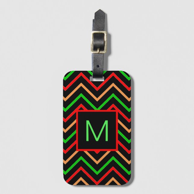 Färgfull Coola Chevron på svart Monogram Bagagebricka (Framsida vertikal)