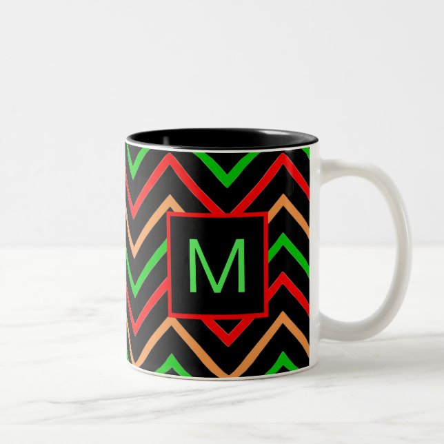 Färgfull Coola Chevron på svart Monogram Två-Tonad Mugg (Höger)