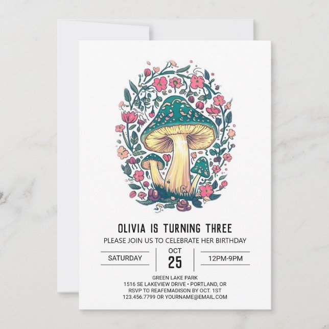 Färgfull Cute Digital Mushroom Birthday Inbjudningar (Framsida)