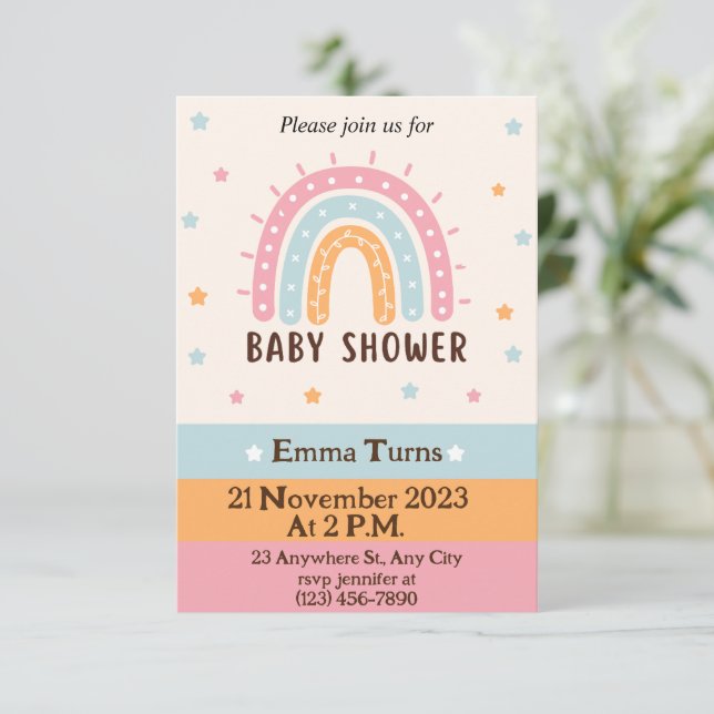 Färgfull cute Illustrated Boho Rainbow Baby Shower Inbjudningar (Stående Fram)